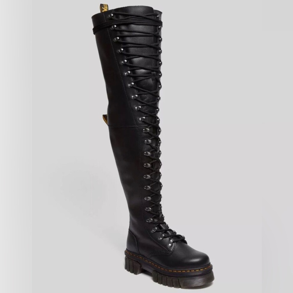 NWT Dr. Martens Audrick 22-Eye Extreme Black Nappa Leather Thigh Boots